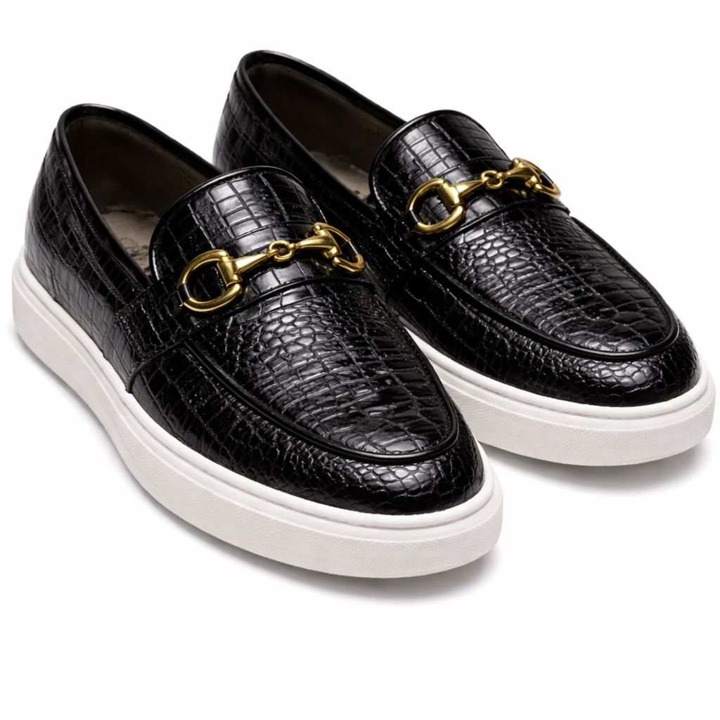 Black CrocTexture Loafers with Gold Horsebit  Premium SlipOn Dress Shoes
